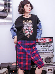 Stylish Jean Splicing Hip-Hop Printed Plaid False Two Dress