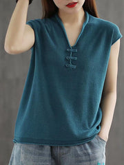 Solid V-Neck Knitting Vintage Button T-Shirt