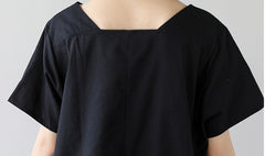 Women Square Neck Short Sleeve Loose Stitching Dress