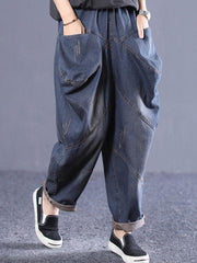 Vintage Loose Cropped Pocket Splicing Jean Harem Pants