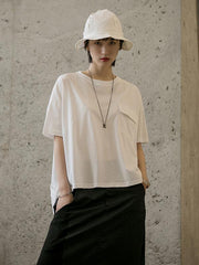 Simple Loose Solid Pocket Back-Button T-Shirt