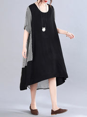 Women Loose Striped Stitching Short Sleeve Dress