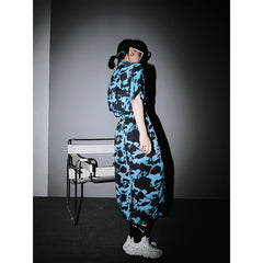 Women Printed Short Sleeve Shirt Over Knee Skirt Suit