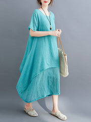 Retro Round Neck Solid Color Irregular Casual Dress
