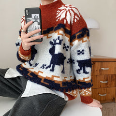 Women Retro Round Neck Loose Pullover Sweater