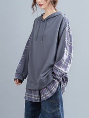 Women Retro Plaid Stitching Loose Hooded Sweatshirt
