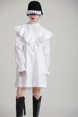 Retro Solid Ruffle Pleated Shirt Dress