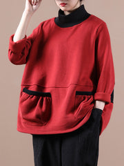 Women Loose Stitching Contrast Color High Neck Sweatshirt