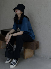 Round Neck Short-Sleeved Solid Color Lace-Up Waist T-Shirt Tops