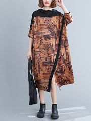 Women Retro Print Stitching Irregular Dress