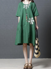 3 Colors Comfortable Round-neck Ramie Cotton Short Dress