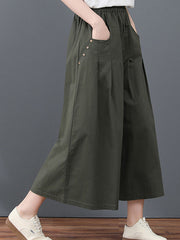 Stretch Waist Button Pocket Adorns Wide-Leg Skirt Woman
