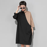 Half High Collar Color Matching Straight Midi Dress