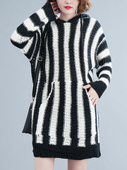 Loose Striped Hooded Knitted Mini Dress