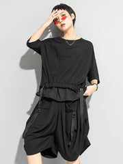 Round Neck Ruffled Bat Short Sleeves T-Shirt Tops