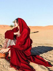 Loose Burgundy Vintage Pompom Triming Wind Coat Outwear