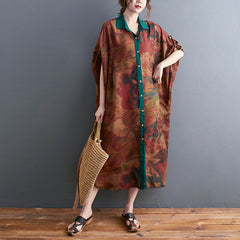 Women Retro Lapel Contrast Print Loose Dress