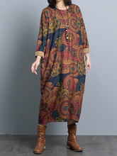 Women Retro Print Long Sleeve Dress