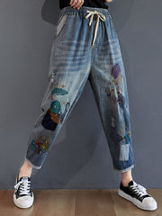 Vintage Washed Distressed Embroidered Jeans