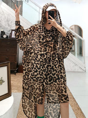 Loose Leopard Print Hood High-Low Sunscreen Shirt