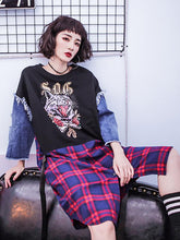 Stylish Jean Splicing Hip-Hop Printed Plaid False Two Dress