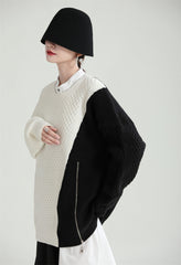 Simple Loose Color-Block Zipper Knitted Sweater
