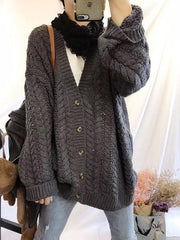 Knitting V-neck Solid Loose Cardigan Outwear