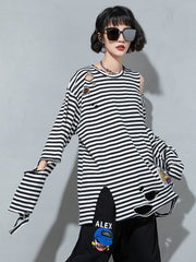 Long Sleeve Striped Ripped T-Shirt