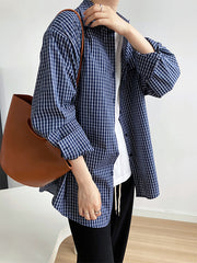 Retro Lapel Lattice Printed Long-Sleeved Casual Shirt