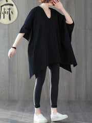 Loose Solid Color Cropped V-Neck Batwing Sleeve T-Shirt