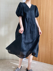 Loose V-Neck Puff Sleeves Simple Maxi Dress