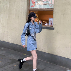 Denim Short Cardigan Irregular Half Skirt Two-Piece Suit