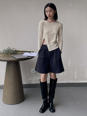 Casual Solid Color Hem Breasted Top T-Shirt