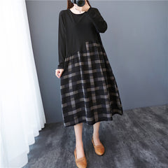 Women Retro Irregular Plaid Stitching Dress