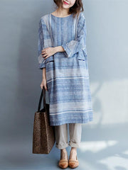 Blue Striped Linen Loose Long Dress
