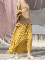 Ginger Yellow Elastic Waist Ice Silk Pleated Skirt