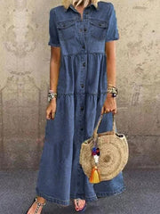 Solid Denim Retro Lapel Maxi Dress