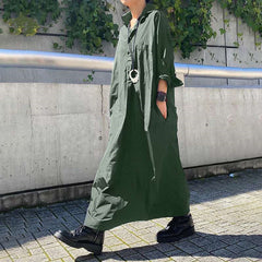 Simple Solid Color Lapel Collar Maxi Shirt Dress