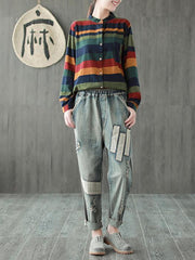 Loose Colorful Stripe A-line Shirt