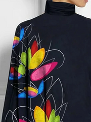 Long Sleeves Loose Asymmetric Floral Printed High-Neck T-Shirts Tops