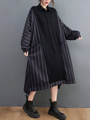 Striped Splicing Bat Sleeve Loose Midi Dress