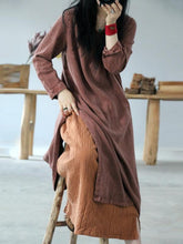 Vintage Solid V-Neck Split-Side Button Dress