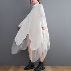 Large Size Loose Fake Two Irregular Stitching Mesh Shirt Dress