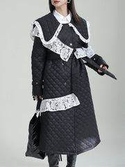 Asymmetric Quilted Ruffled Tied Waist Long Sleeves Roomy Peter Pan Collar Padded Coat