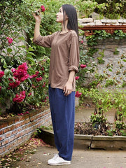 Navy-blue&Burgundy Split-joint Casual Linen Pants