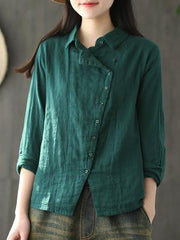 Ramie Cotton Solid Diagonal Button-design Shirt Top