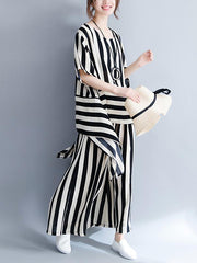 Loose Striped Asymmetric T-shirts+Pants Suit