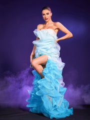 Vairea Strapless Tulle Gradient Feather Maxi Dress