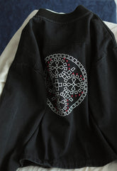 Stand Collar Printed Denim Coat