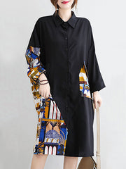 Original Cartoon Printed Round-Neck Shirt Dress